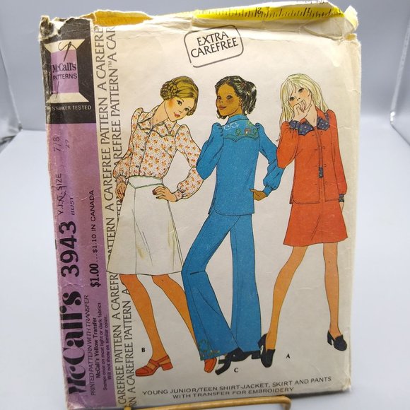 Vintage Sewing PATTERN McCalls 3943, Extra Carefree Young Junior Teen 1974 Shirt - Picture 1 of 2